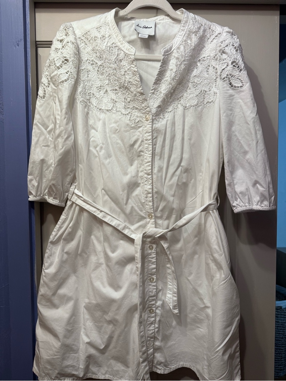 Sam Edelman White Lace-Yoke Button-Front Mini Dress with Tie Waist